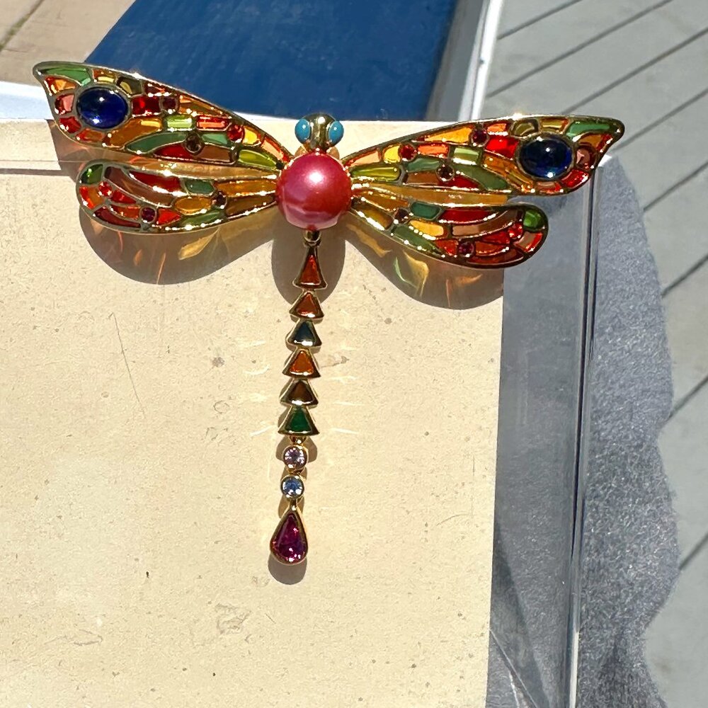 Elegant Joan Rivers Plique aJour Dragonfly Collectors Brooch 3"